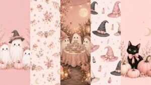 Five pastel panels create a cute Halloween wallpaper: adorable ghosts, floral bats, ghosts having tea under moonlight, witch hats with potions, and a black cat with a pink bow—all surrounded by pumpkins and stars on soft pink backgrounds.
