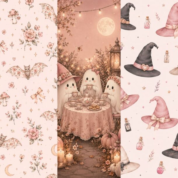 Five pastel panels create a cute Halloween wallpaper: adorable ghosts, floral bats, ghosts having tea under moonlight, witch hats with potions, and a black cat with a pink bow—all surrounded by pumpkins and stars on soft pink backgrounds.