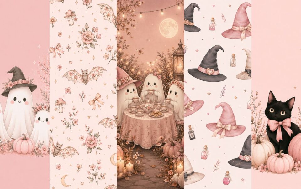 Five pastel panels create a cute Halloween wallpaper: adorable ghosts, floral bats, ghosts having tea under moonlight, witch hats with potions, and a black cat with a pink bow—all surrounded by pumpkins and stars on soft pink backgrounds.