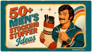 A man with a mustache in retro clothing smiles and points to a holiday stocking filled with gadgets. Text reads “50+ Men’s Stocking Stuffer Ideas.” Vintage design with colorful accents.