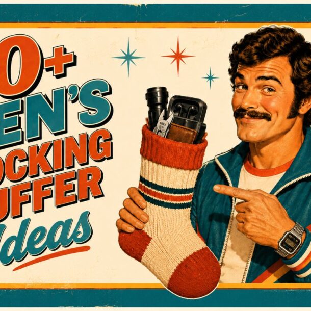 A man with a mustache in retro clothing smiles and points to a holiday stocking filled with gadgets. Text reads “50+ Men’s Stocking Stuffer Ideas.” Vintage design with colorful accents.