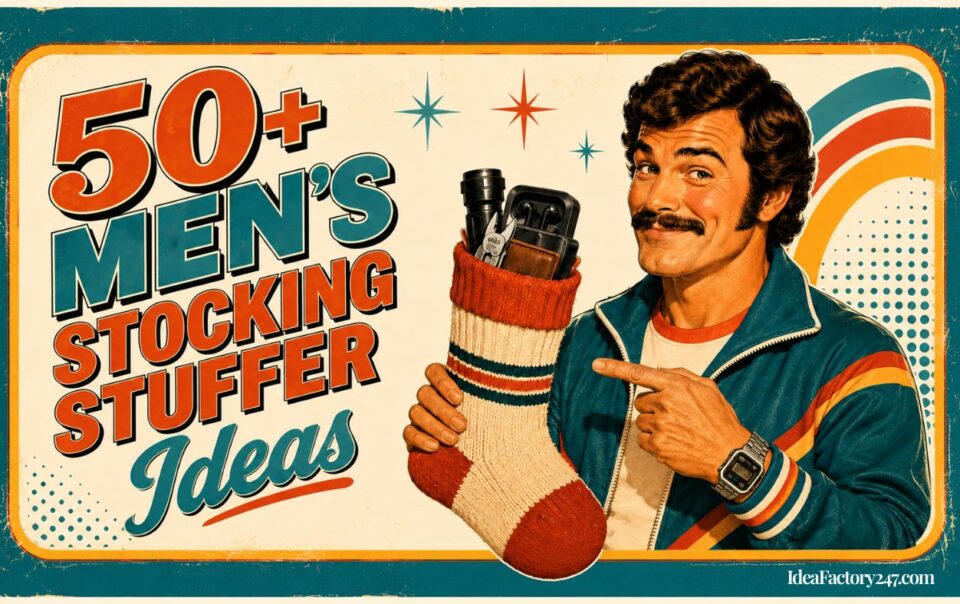 A man with a mustache in retro clothing smiles and points to a holiday stocking filled with gadgets. Text reads “50+ Men’s Stocking Stuffer Ideas.” Vintage design with colorful accents.