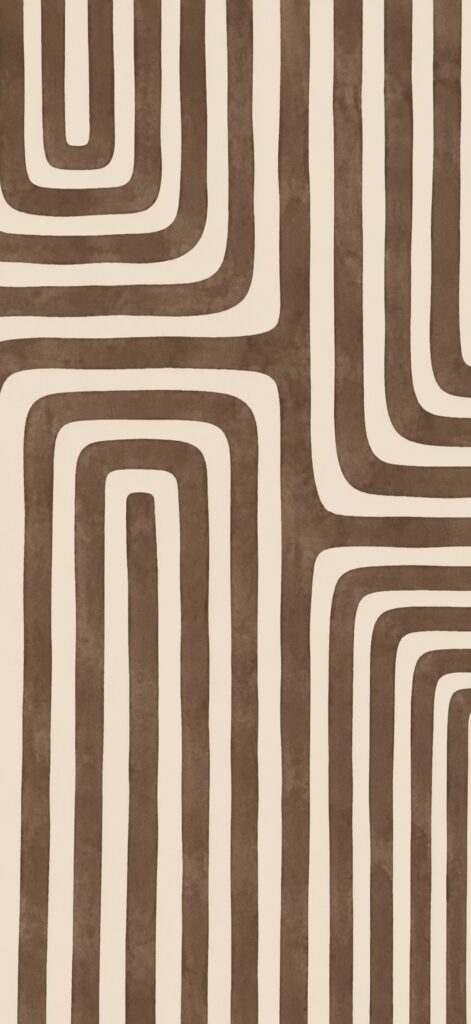 Curved, parallel brown lines form a geometric, maze-like pattern on a cream background, creating a retro, abstract design.