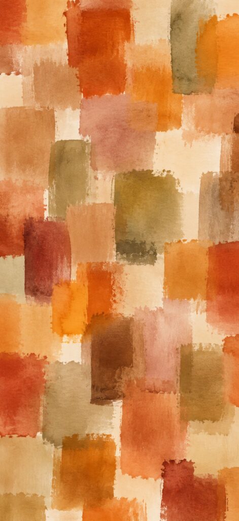 Abstract pattern of watercolor squares in warm tones of orange, red, brown, and olive green, overlapped on a light beige background. The squares have soft, blended edges.
