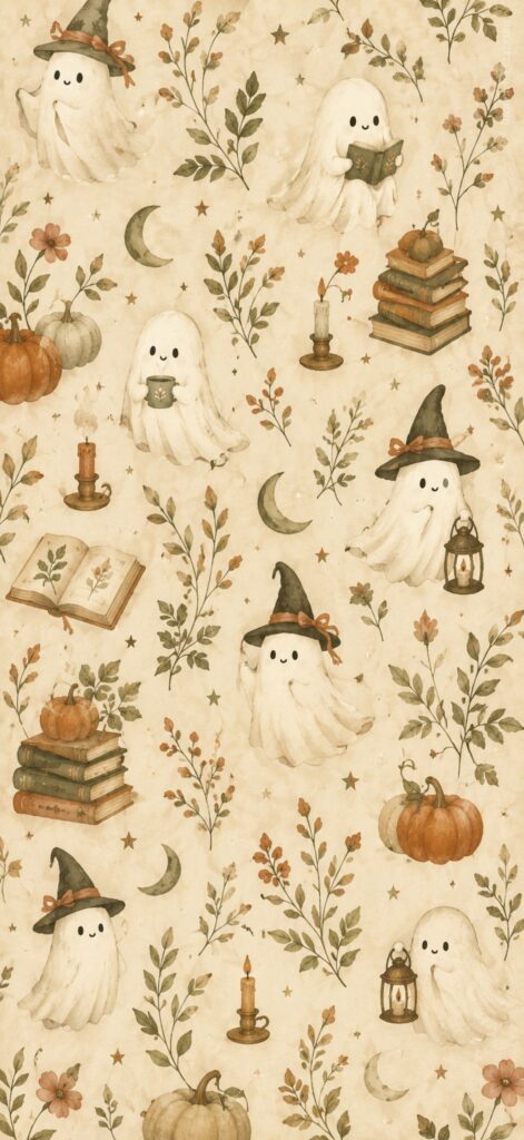 Cute ghosts in witch hats read books, drink tea, and hold lanterns among pumpkins, candles, stars, crescent moons, and autumn leaves on a beige background. Whimsical, cozy, and Halloween-themed.