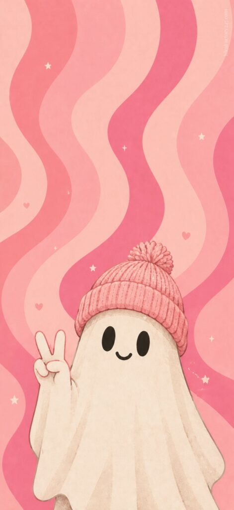 A cute cartoon ghost wearing a pink knit beanie gives a peace sign. The background has wavy pink patterns, small stars, and hearts.