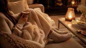 A person wrapped in a cozy blanket sits on a sofa, holding a mug. Knit socks cover their feet. A warm lamp, books, and flowers rest on the coffee table in a softly lit, relaxing room.