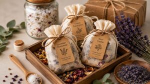 Three bath tea bags labeled Lavender Chamomile, Citrus Eucalyptus, and Rose Vanilla sit in a wooden tray with dried flowers, bath salts, a wooden spoon, a gift box, and sprigs of lavender and eucalyptus nearby.