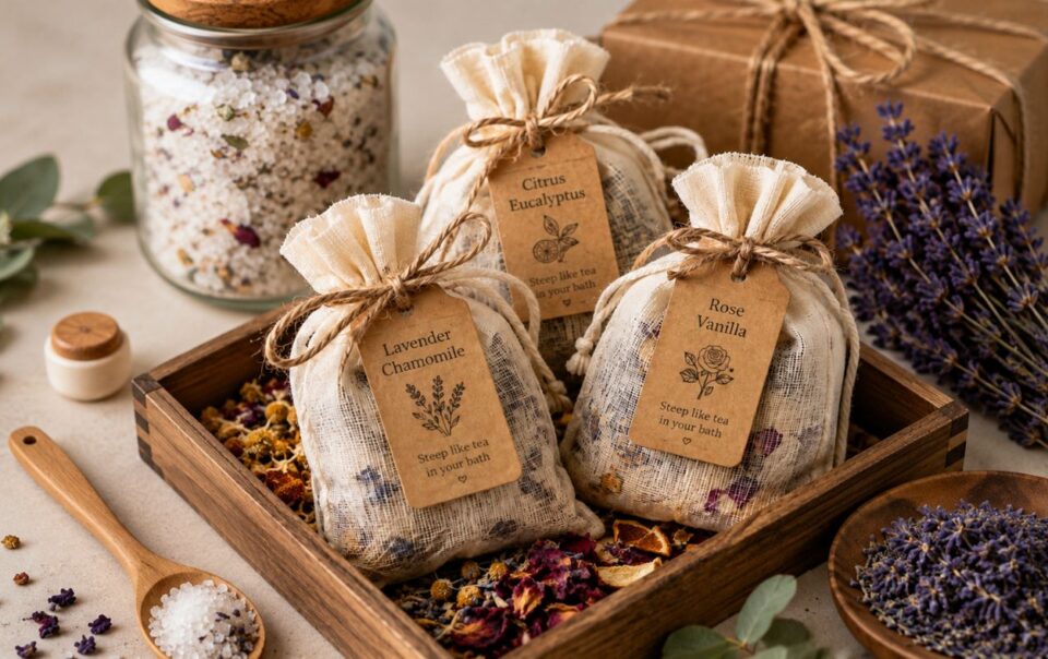 Three bath tea bags labeled Lavender Chamomile, Citrus Eucalyptus, and Rose Vanilla sit in a wooden tray with dried flowers, bath salts, a wooden spoon, a gift box, and sprigs of lavender and eucalyptus nearby.