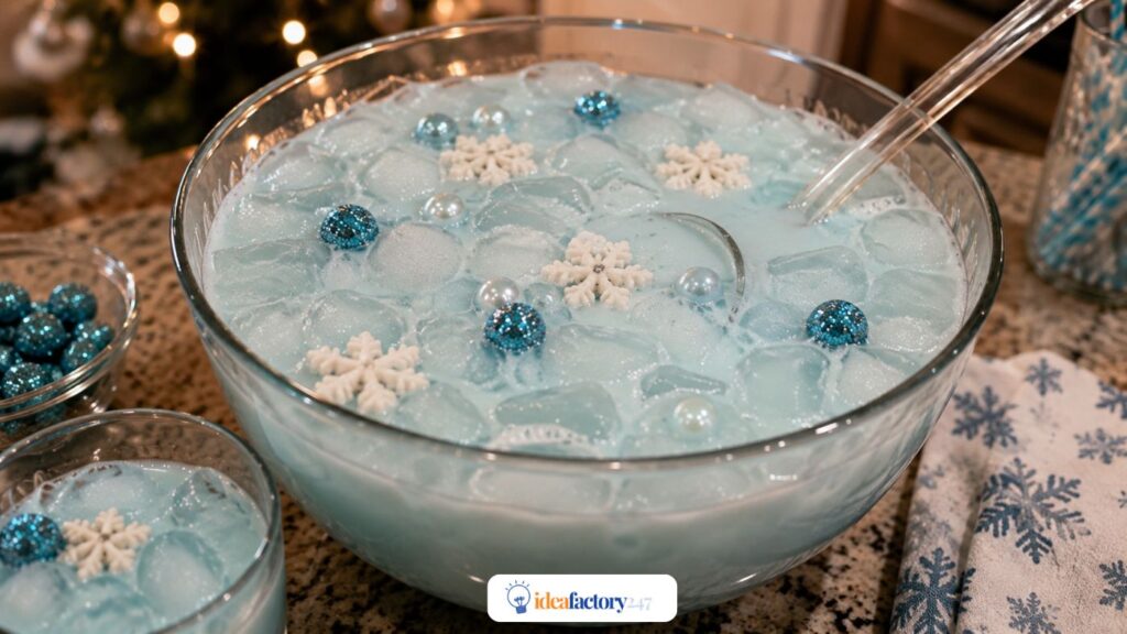 A large bowl of Jack Frost Mocktail blue punch with ice cubes, blue glittery balls, silver pearls, and white snowflake decorations, with a ladle inside. A small glass of punch and a snowflake napkin are nearby.