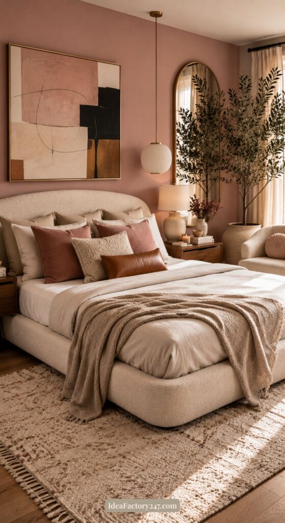 A stylish pink boho bedroom featuring a beige bed, pink and tan pillows, a textured throw, modern art on a pink wall, a large mirror, plants, and warm lighting. Cozy and elegant decor fills the space.