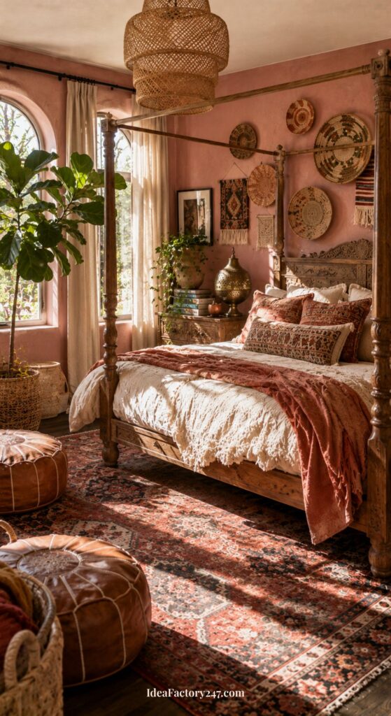 Bohemian-style pink boho bedroom with a four-poster bed, patterned textiles, woven wall decor, large potted plant, warm sunlight streaming through an arched window, and earthy-toned rugs and poufs.