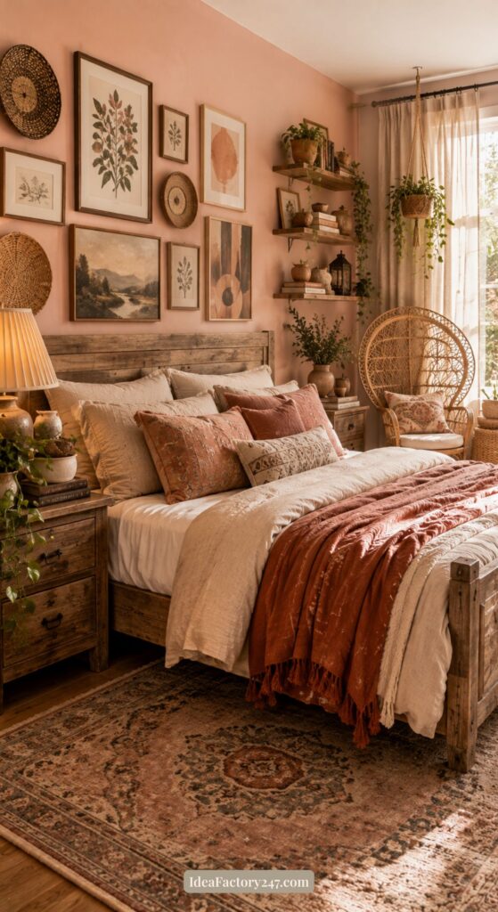 A cozy pink boho bedroom with a wooden bed, earthy bedding, woven chair, plants, wall art, and warm natural light from a window creates an inviting and relaxed atmosphere.