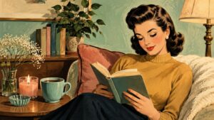 A woman with vintage hair and makeup reads a book on a cozy couch beside a lamp, coffee, candles, and flowers—surrounded by books and a painting in the background—creating an inviting scene that inspires perfect gifts for book lovers.