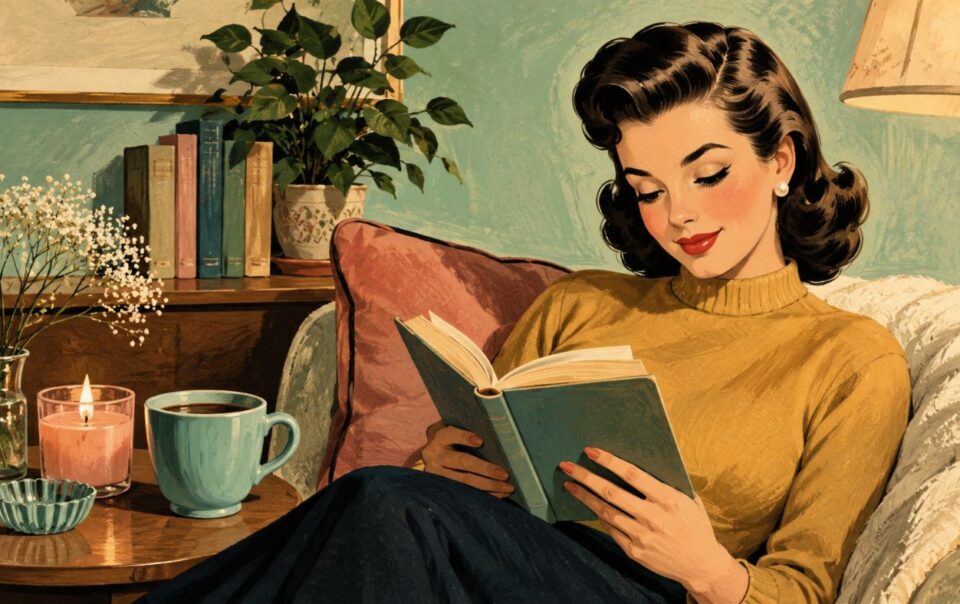 A woman with vintage hair and makeup reads a book on a cozy couch beside a lamp, coffee, candles, and flowers—surrounded by books and a painting in the background—creating an inviting scene that inspires perfect gifts for book lovers.