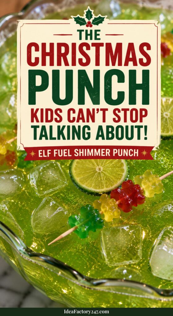 A green sparkly punch bowl with lime slices, ice, and gummy candy skewers, topped by a sign reading The Christmas Punch Kids Cant Stop Talking About! Elf Fuel Shimmer Punch..