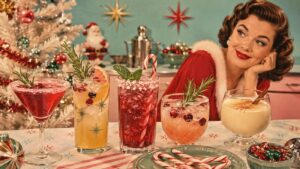 A smiling woman in vintage holiday attire sits by a table with festive cocktails, candy canes, and Christmas decorations, including a tree, ornaments, and a Santa figurine in the background.