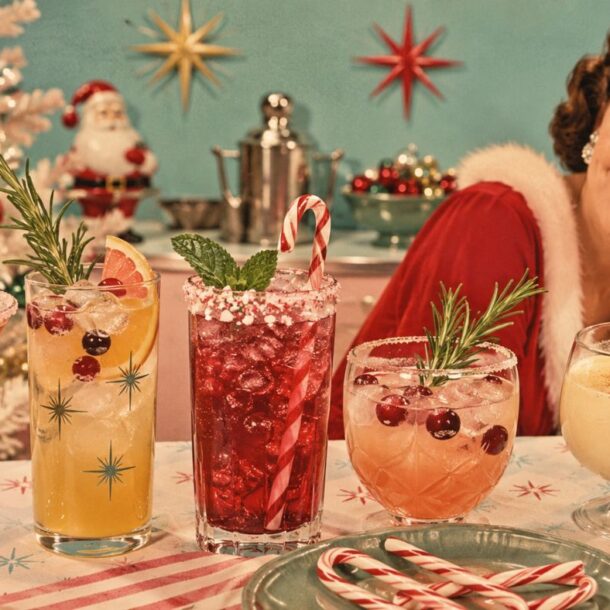 A smiling woman in vintage holiday attire sits by a table with festive cocktails, candy canes, and Christmas decorations, including a tree, ornaments, and a Santa figurine in the background.