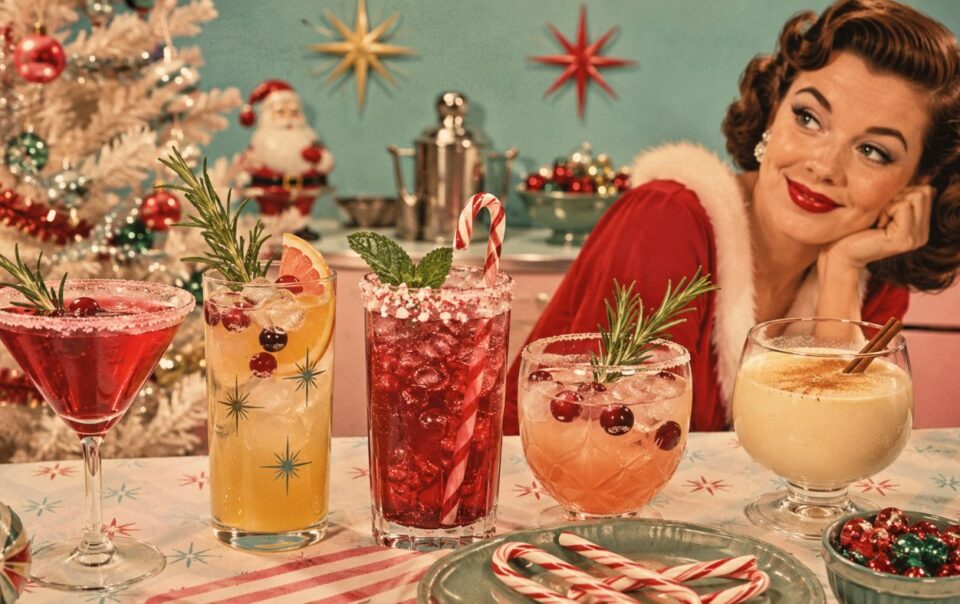 A smiling woman in vintage holiday attire sits by a table with festive cocktails, candy canes, and Christmas decorations, including a tree, ornaments, and a Santa figurine in the background.