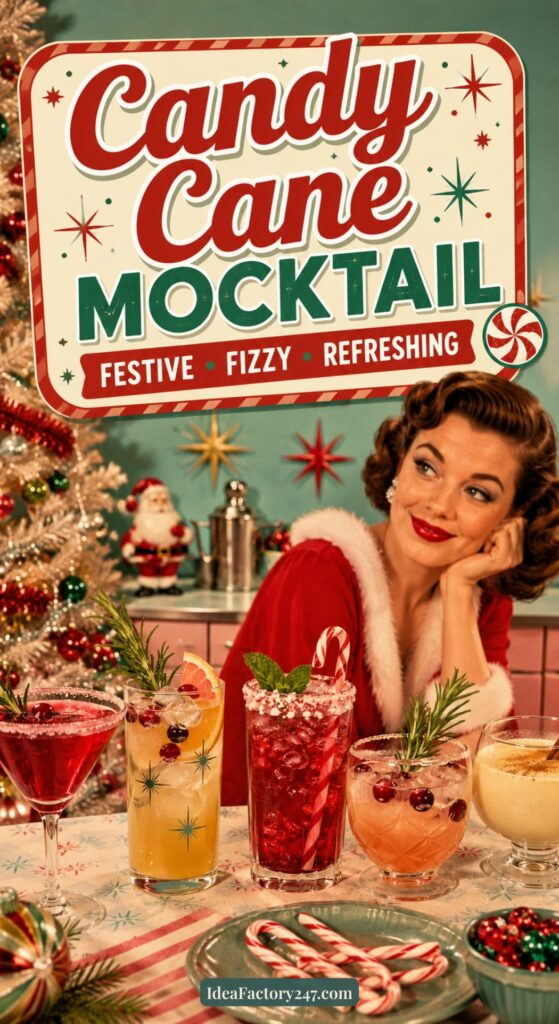 A woman in vintage attire sits at a festive table with colorful holiday mocktails, a Christmas tree, and a Candy Cane Mocktail sign reading Festive, Fizzy, Refreshing in retro-style decor.