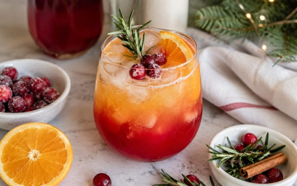 A festive Sunrise Mocktail Recipe with orange and red layers, garnished with cranberries, an orange slice, and rosemary. Surrounded by fresh cranberries, orange, and a cinnamon stick on a marble surface.