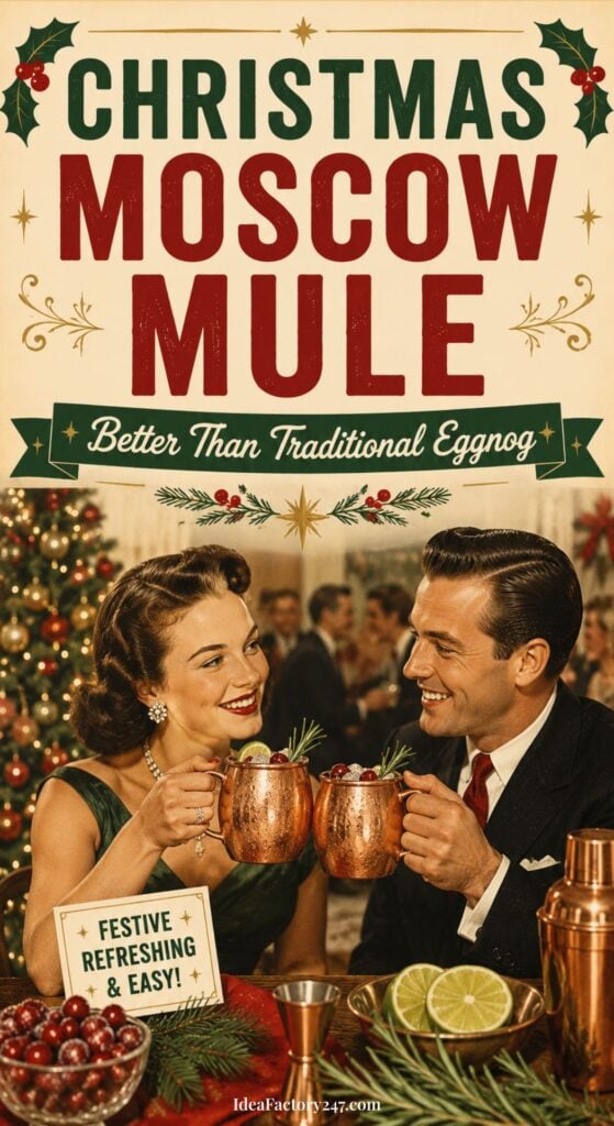 A vintage-style ad shows a smiling woman and man clinking copper mugs at a holiday party. Text promotes a Christmas Moscow Mule as festive, refreshing, and easy, with images of limes, cranberries, and greenery.