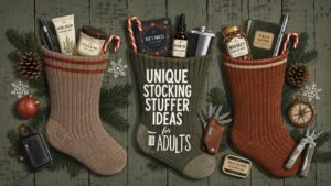 Three festive stockings filled with stocking stuffers for adults—hand cream, tea, whiskey, pens, notebook, tools, and candy canes—lay on a dark background with pine branches, pine cones, and ornaments. Text: Unique Stocking Stuffer Ideas for Adults.