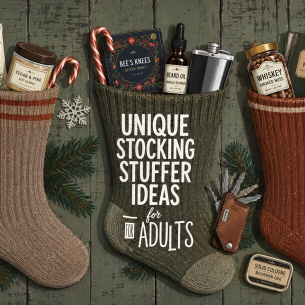 Three festive stockings filled with stocking stuffers for adults—hand cream, tea, whiskey, pens, notebook, tools, and candy canes—lay on a dark background with pine branches, pine cones, and ornaments. Text: Unique Stocking Stuffer Ideas for Adults.