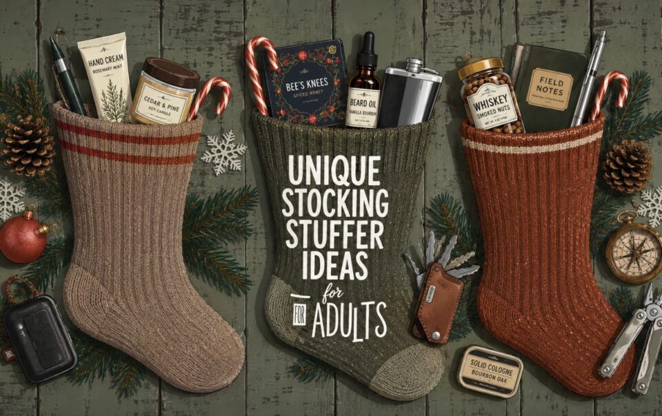 Three festive stockings filled with stocking stuffers for adults—hand cream, tea, whiskey, pens, notebook, tools, and candy canes—lay on a dark background with pine branches, pine cones, and ornaments. Text: Unique Stocking Stuffer Ideas for Adults.