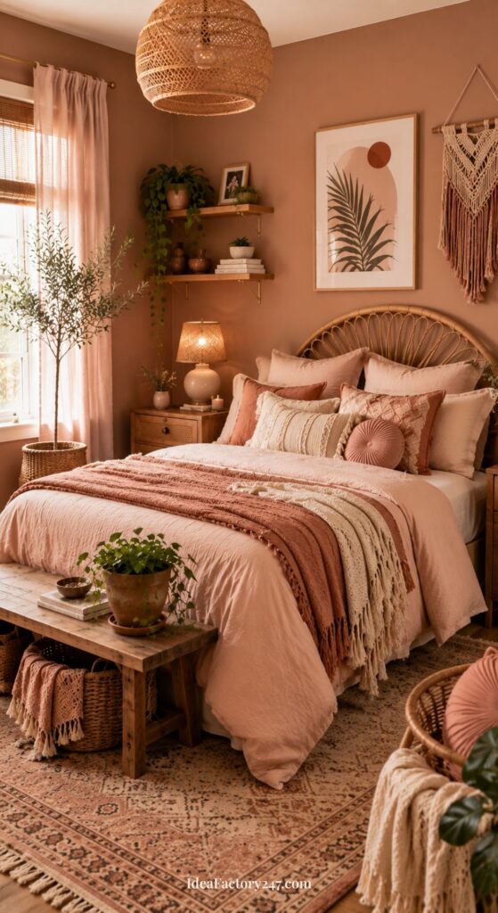 Cozy pink boho bedroom with earthy tones, woven decor, plants, a rattan headboard, textured pillows and blankets, a wooden bench, and soft natural light from a window with sheer curtains.