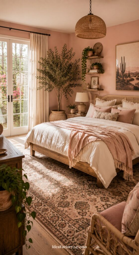 Cozy pink boho bedroom with a wooden bed, neutral bedding, blush accents, a large rug, potted plants, woven decor, shelves, and cactus wall art; sunlight streams through glass doors to a garden.