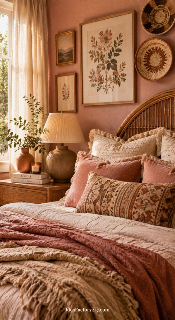 A cozy pink boho bedroom with a rattan headboard, layered pink and beige bedding, textured pillows, a nightstand with a lamp, books, a vase of greenery, and nature-themed wall art above the bed. Sunlight streams through the window.