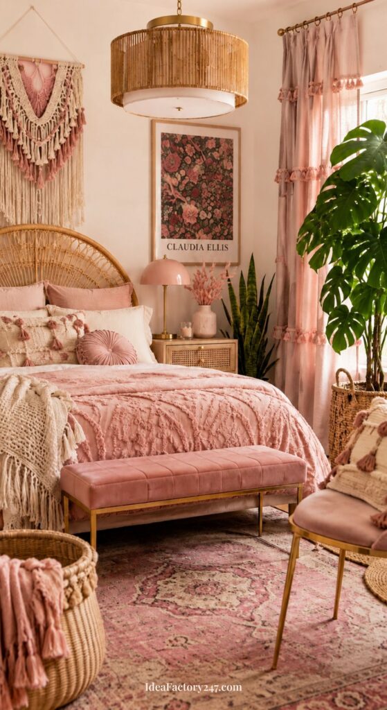 Boho bedroom with rattan headboard, pink bedding, gold accents, lush plants, macramé wall art, sheer pink curtains, and a plush rug in muted tones. This pink boho bedroom is cozy, inviting, and stylishly decorated.