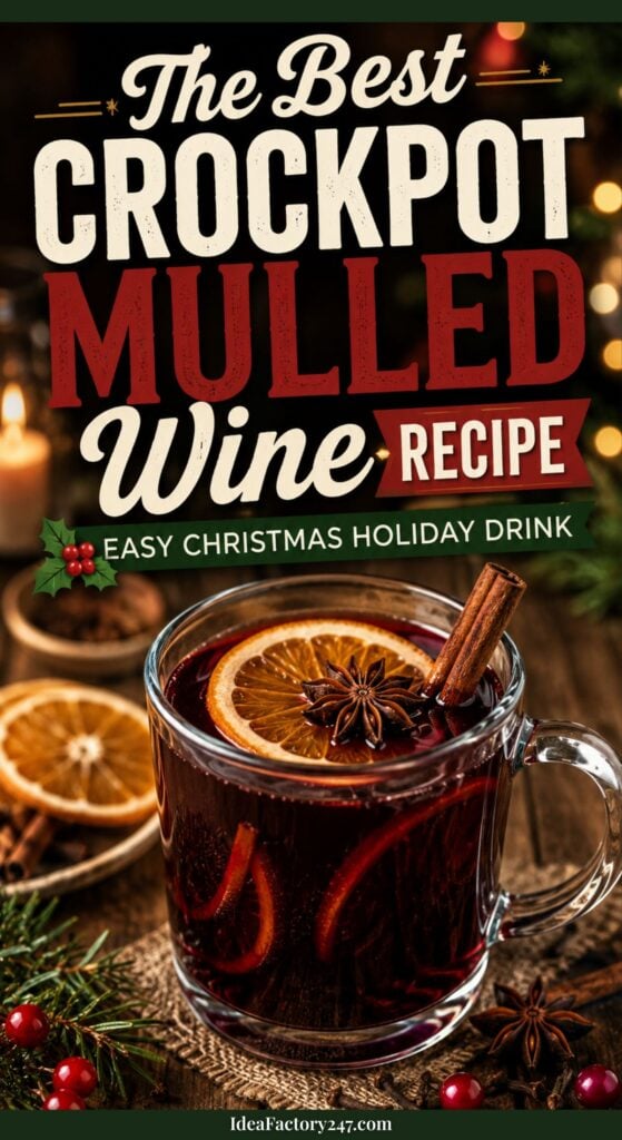 A glass mug of crockpot mulled wine garnished with orange slices, a cinnamon stick, and star anise sits on a table with dried oranges and holiday greenery. Text reads, The Best Crockpot Mulled Wine Recipe. Easy Christmas Holiday Drink.