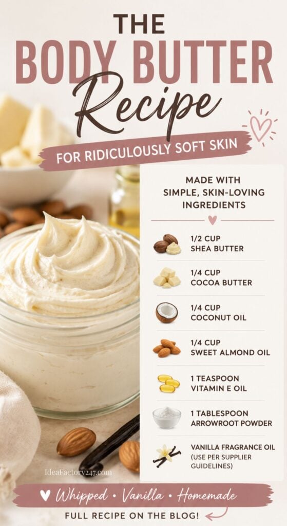 A bowl of whipped body butter sits on a table with nuts around it. Next to the bowl is a list of ingredients and amounts needed to make the homemade body butter recipe.