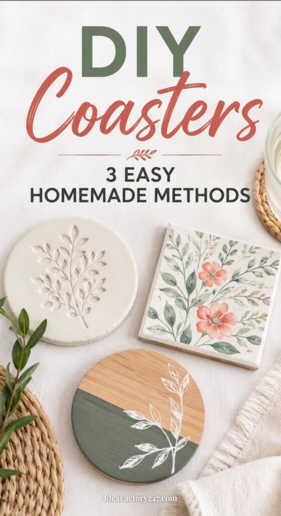 Three different DIY coasters with botanical designs are displayed on a beige cloth. Text above reads DIY Coasters: 3 Easy Homemade Methods. A small plant and a glass are nearby.