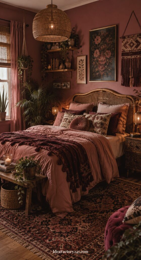 A cozy pink boho bedroom with warm, earthy tones, pink bedding, and decorative pillows. Plants, candles, and woven decor create a relaxed bohemian atmosphere. Sunlight filters through a window, highlighting the textured rug and wooden accents.