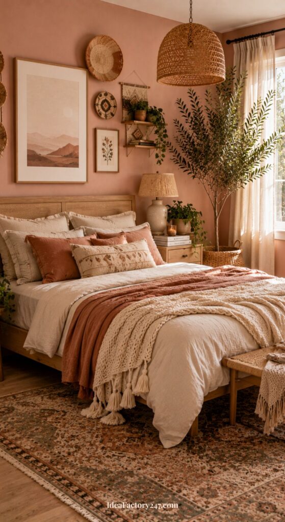 Cozy pink boho bedroom with a relaxed vibe, featuring a wooden bed, layered blankets, earthy-toned pillows, woven decor, plants, and warm natural light streaming in through a window with sheer curtains.