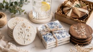 A variety of decorative coasters, some with floral patterns and others made of wood, are displayed on a marble surface alongside a glass of water with lemon and a gift box tied with ribbon.