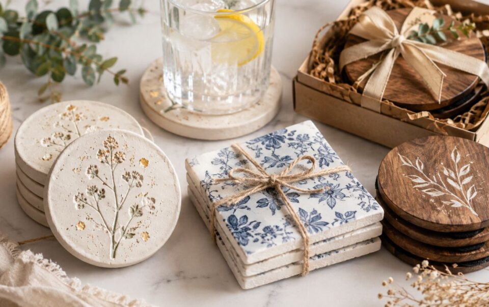 A variety of decorative coasters, some with floral patterns and others made of wood, are displayed on a marble surface alongside a glass of water with lemon and a gift box tied with ribbon.