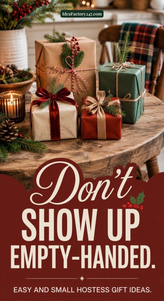 Three wrapped gifts with festive ribbons sit on a rustic table decorated with pine branches and candles. Text reads: Don’t show up empty-handed. Discover easy and small hostess gift ideas.