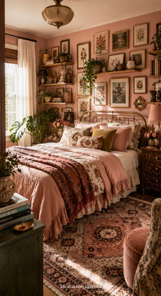 Cozy vintage pink boho bedroom with pink tones, floral bedding, patterned rug, plants, and a gallery wall of framed art above a metal bed. Sunlight streams through sheer curtains, creating a warm and inviting atmosphere.