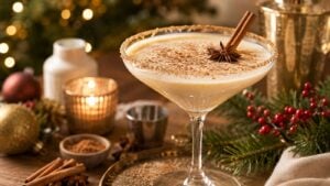 A creamy cocktail in a martini glass is garnished with a cinnamon stick and star anise. The festive setting includes candles, holiday decor, and evergreen branches in the background.