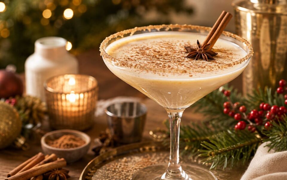 A creamy cocktail in a martini glass is garnished with a cinnamon stick and star anise. The festive setting includes candles, holiday decor, and evergreen branches in the background.