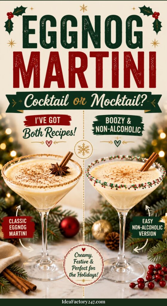 Two eggnog martinis in festive glasses, topped with whipped cream and sprinkles. Text offers both classic and non-alcoholic recipes. Holiday-themed background with ornaments and cinnamon sticks.