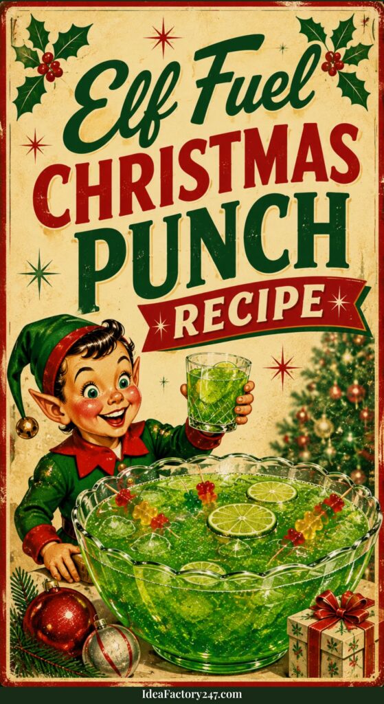 Vintage-style poster featuring a cheerful elf holding a glass of green punch with lime slices, next to a large punch bowl. Text reads: Elf Fuel Christmas Punch Recipe. Holiday decorations and gifts are visible.