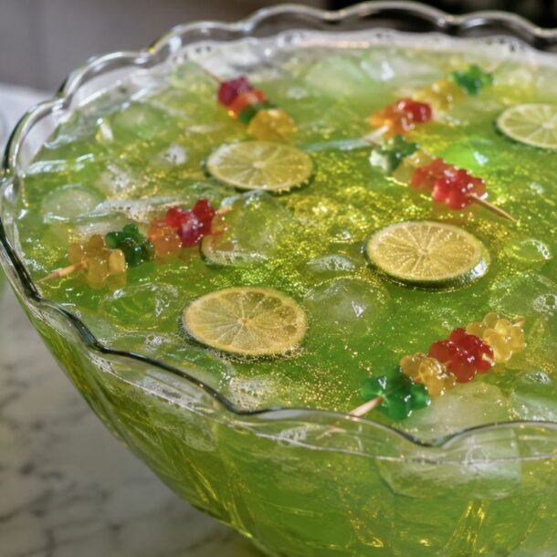 A punch bowl filled with bright green drink, ice cubes, lime slices, and skewered gummy bears. Two glasses with the same drink and garnishes are beside the bowl on a marble surface.