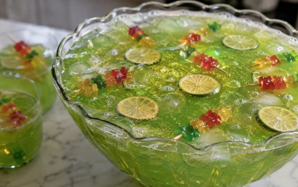 A punch bowl filled with bright green drink, ice cubes, lime slices, and skewered gummy bears. Two glasses with the same drink and garnishes are beside the bowl on a marble surface.