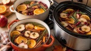 Three fall swimmer pots filled with simmering apple cider, orange slices, cinnamon sticks, cranberries, and rosemary sit on a kitchen counter, surrounded by fall decorations such as apples and autumn leaves.
