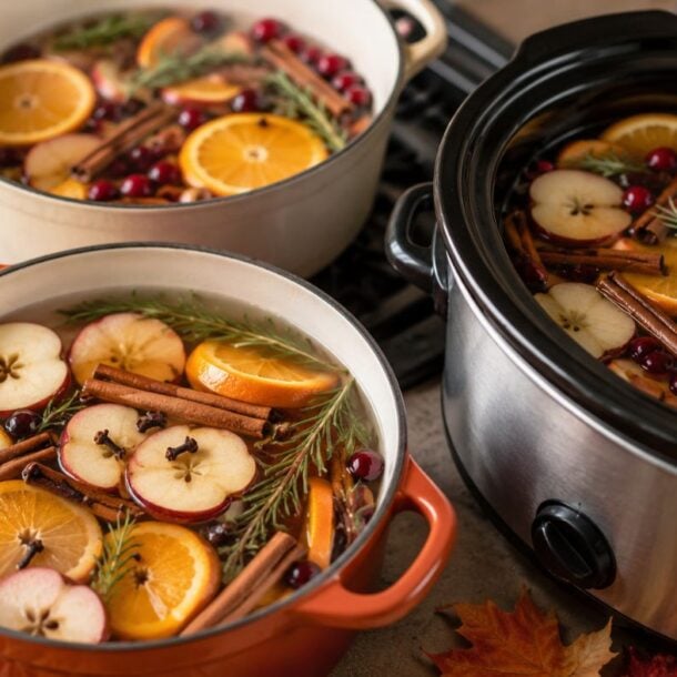 Three fall swimmer pots filled with simmering apple cider, orange slices, cinnamon sticks, cranberries, and rosemary sit on a kitchen counter, surrounded by fall decorations such as apples and autumn leaves.